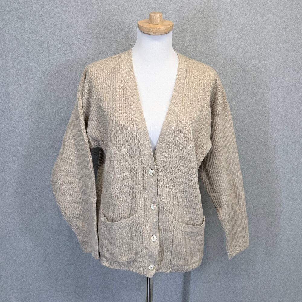 Vintage Robinson's Lambswool Angora Cardigan Beige Ribbed Pockets Size PM